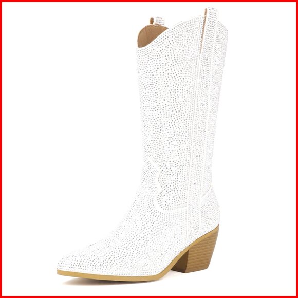 Shoes - Rhinestone Cowboy Boots Mid Calf Western Sparkly Block Heel Zipper